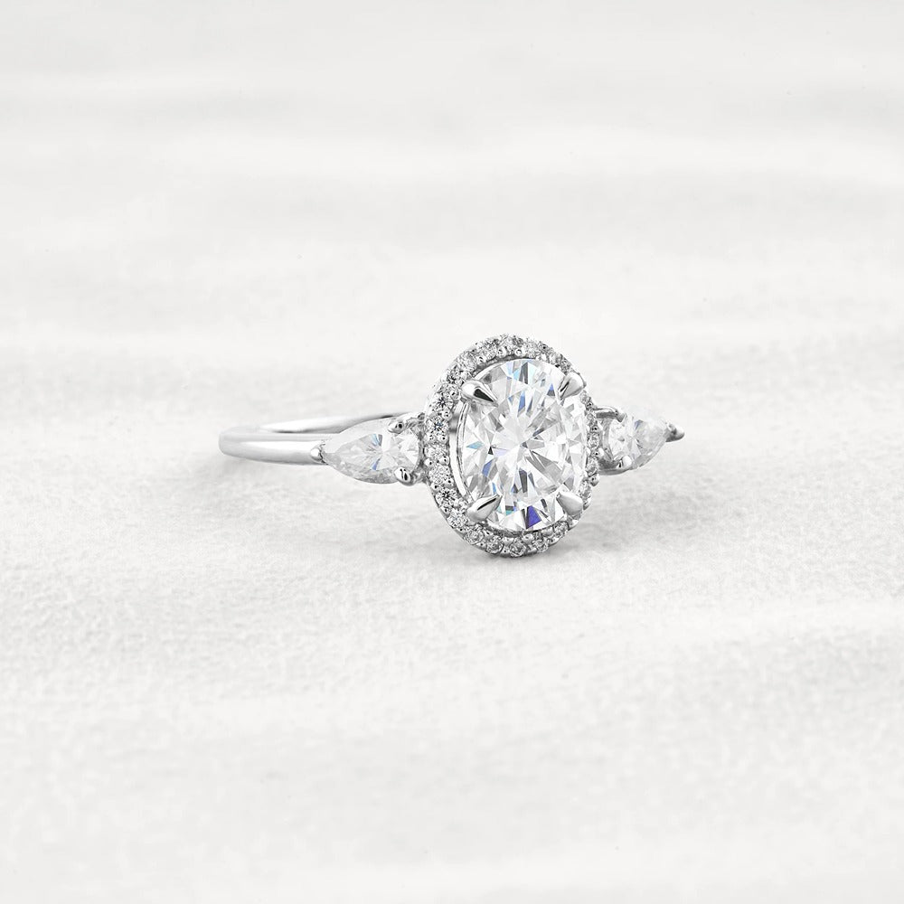 Oval Cut Three Stone Halo Moissnaite Diamond Engagement Ring