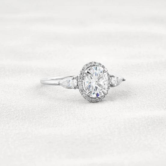 Oval Cut Three Stone Halo Moissnaite Diamond Engagement Ring