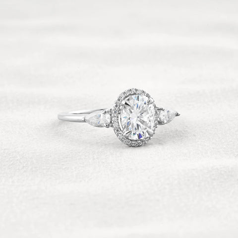 Oval Cut Three Stone Halo Moissnaite Diamond Engagement Ring