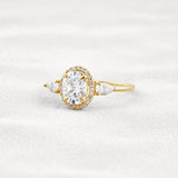 Oval Cut Three Stone Halo Moissnaite Diamond Engagement Ring