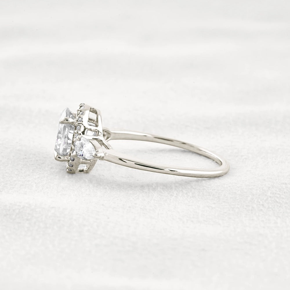 Oval Cut Three Stone Halo Moissnaite Diamond Engagement Ring