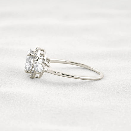 Oval Cut Three Stone Halo Moissnaite Diamond Engagement Ring