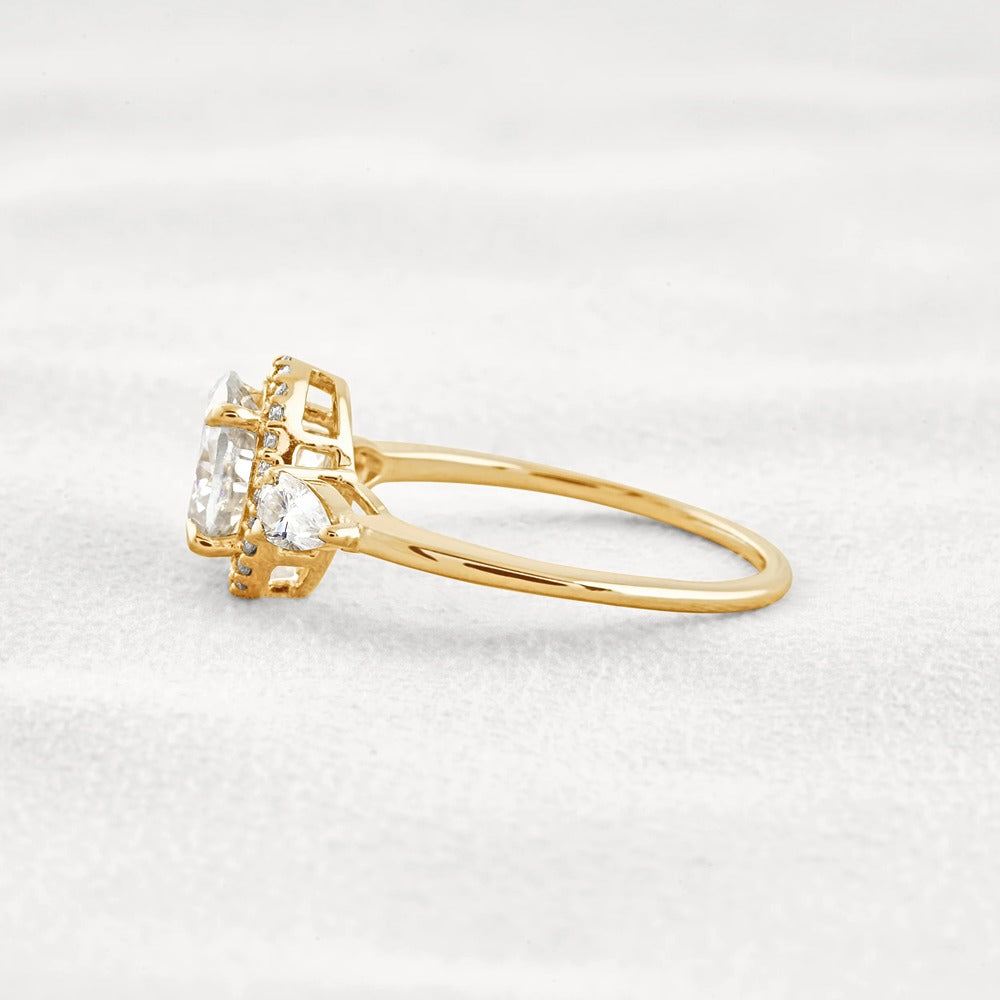 Oval Cut Three Stone Halo Moissnaite Diamond Engagement Ring