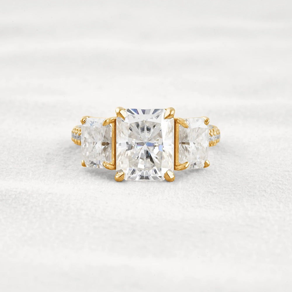 Radiant Cut Three Stone & Pave Set Moissanite Diamond Ring