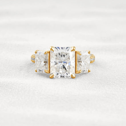 Radiant Cut Three Stone & Pave Set Moissanite Diamond Ring