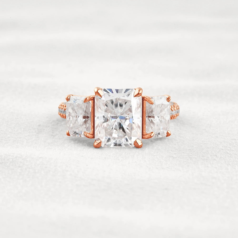 Radiant Cut Three Stone & Pave Set Moissanite Diamond Ring