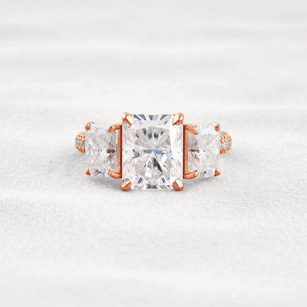 Radiant Cut Three Stone & Pave Set Moissanite Diamond Ring