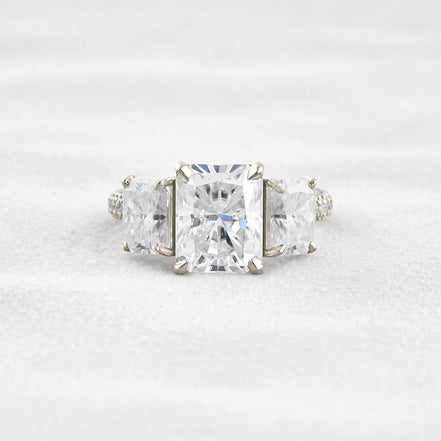 Radiant Cut Three Stone & Pave Set Moissanite Diamond Ring