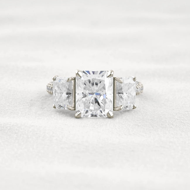 Radiant Cut Three Stone & Pave Set Moissanite Diamond Ring
