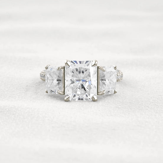 Radiant Cut Three Stone & Pave Set Moissanite Diamond Ring