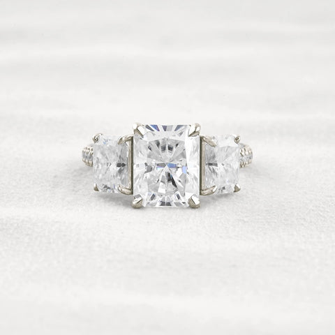 Radiant Cut Three Stone & Pave Set Moissanite Diamond Ring