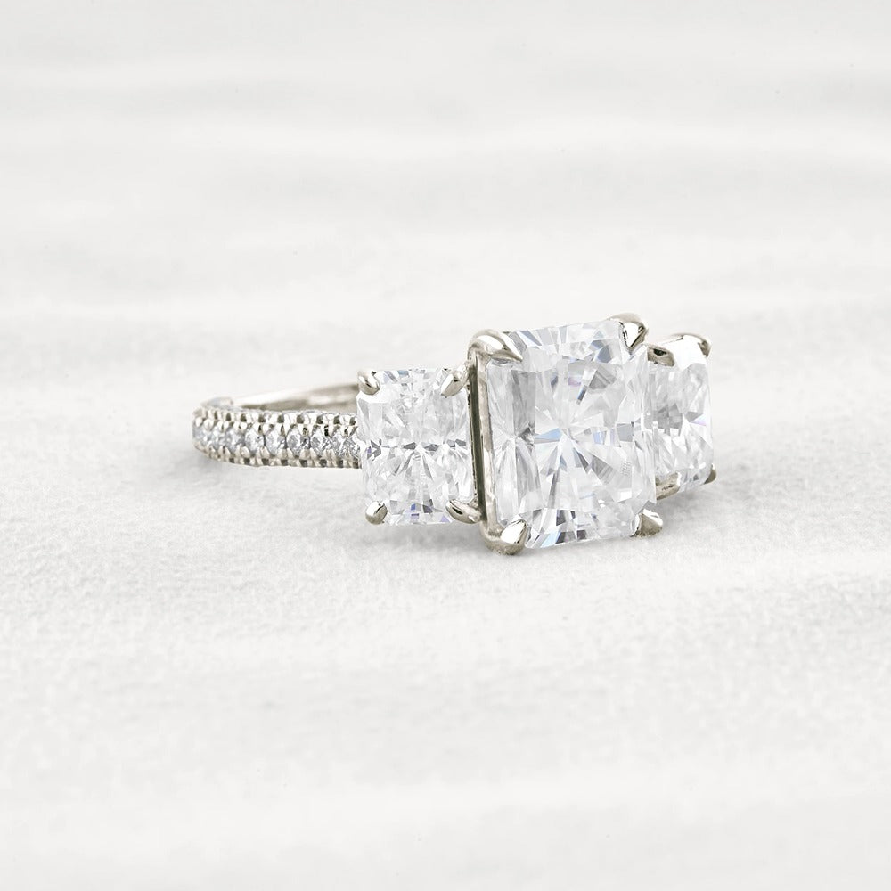 Radiant Cut Three Stone & Pave Set Moissanite Diamond Ring