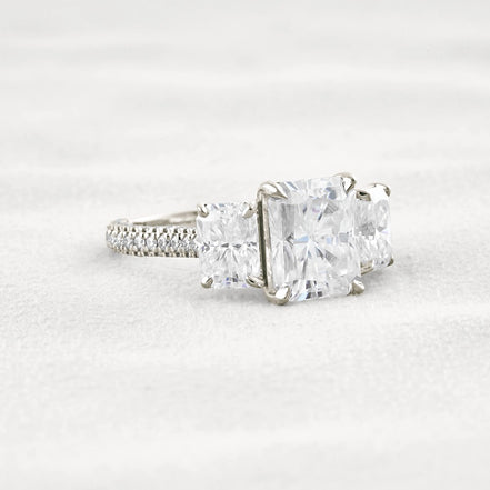 Radiant Cut Three Stone & Pave Set Moissanite Diamond Ring