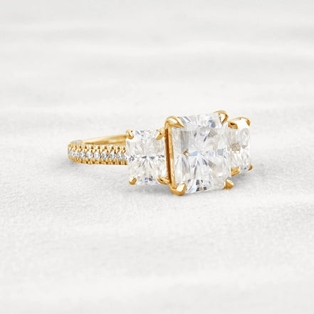 Radiant Cut Three Stone & Pave Set Moissanite Diamond Ring