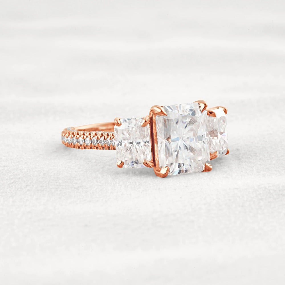 Radiant Cut Three Stone & Pave Set Moissanite Diamond Ring