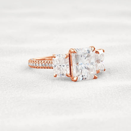 Radiant Cut Three Stone & Pave Set Moissanite Diamond Ring