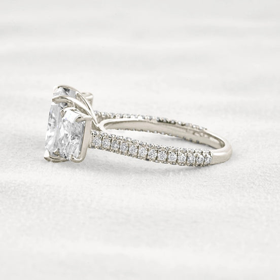 Radiant Cut Three Stone & Pave Set Moissanite Diamond Ring