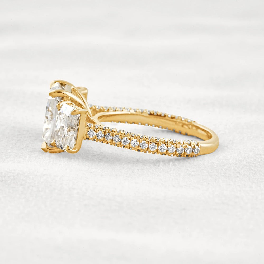Radiant Cut Three Stone & Pave Set Moissanite Diamond Ring