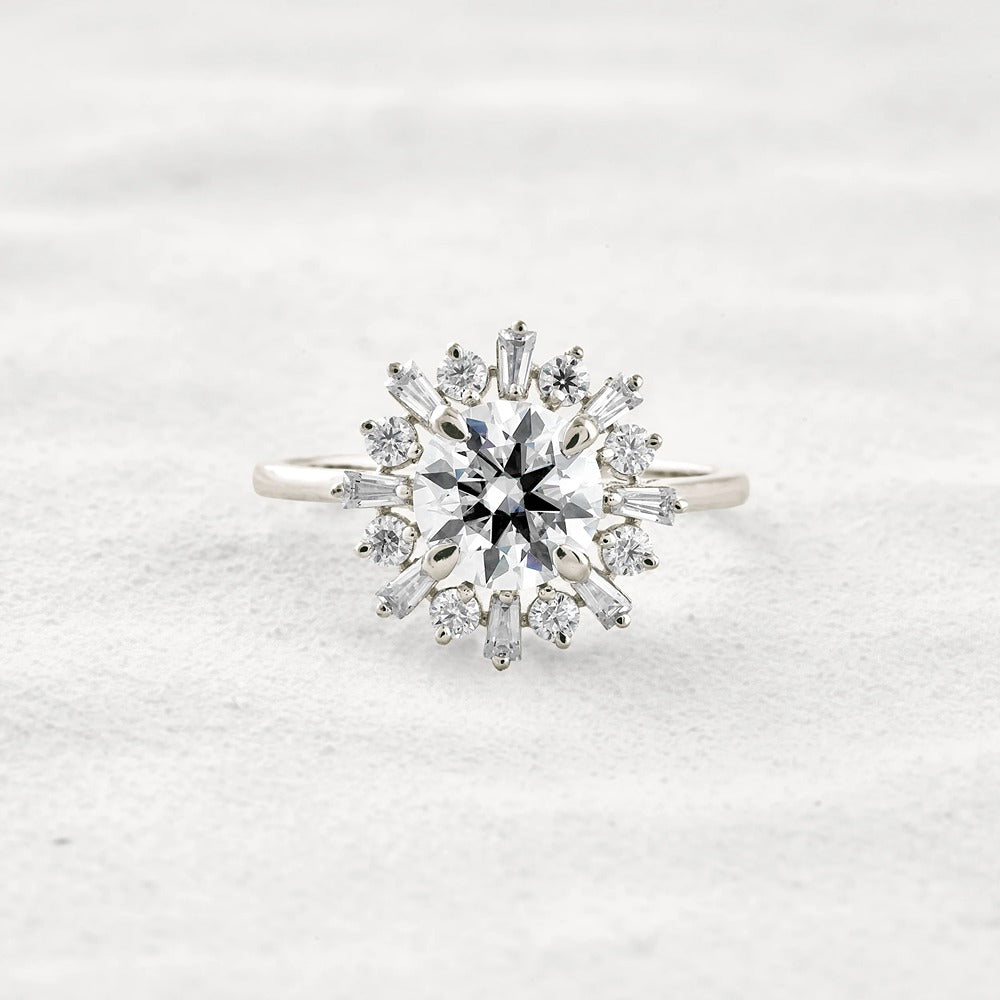 Round Cut Moissanite Floral Halo Proposal Ring For Her
