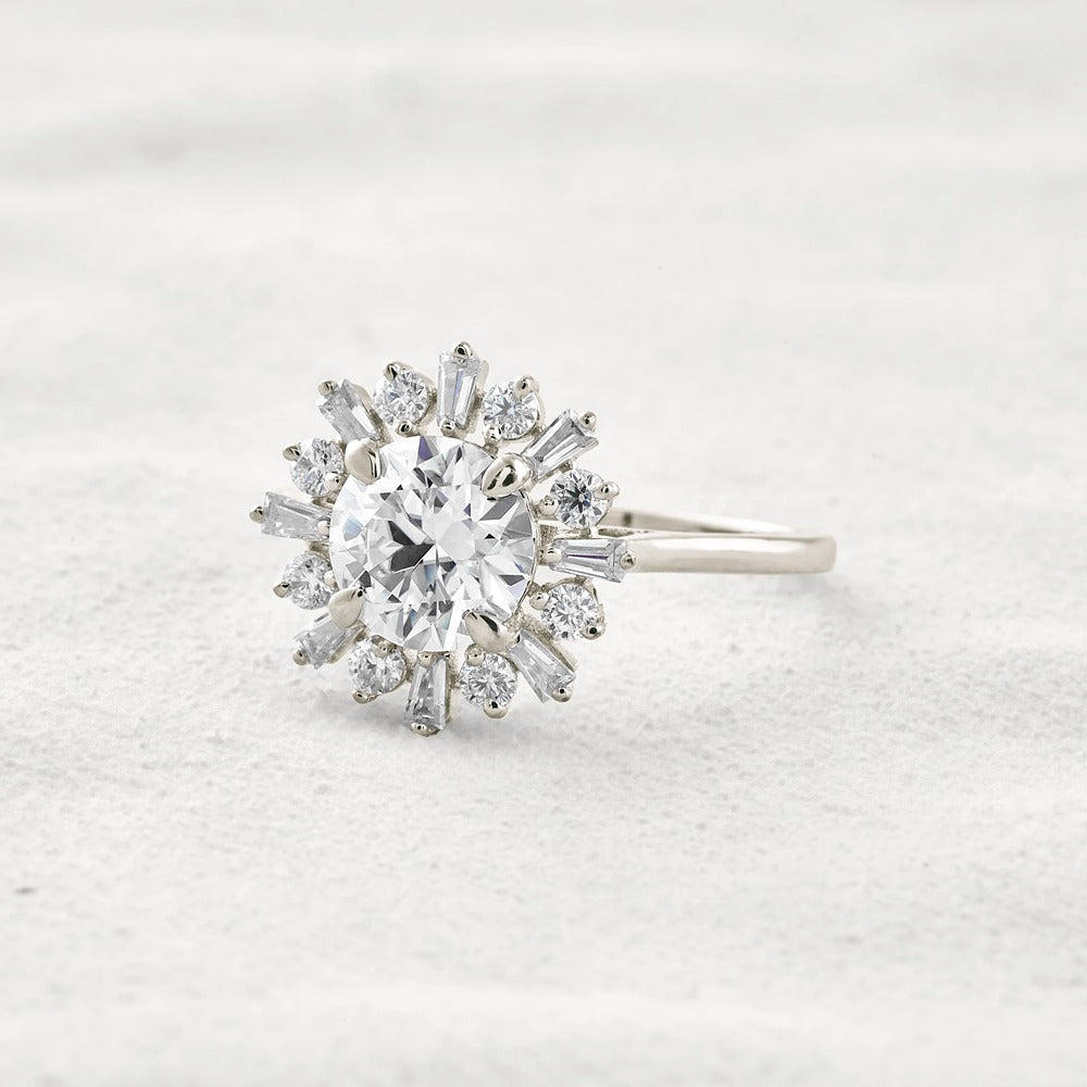 Round Cut Moissanite Floral Halo Proposal Ring For Her