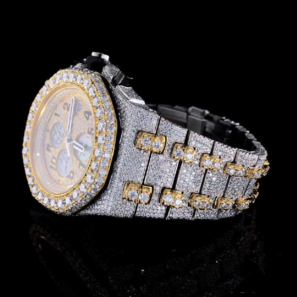 Dual Tone Chrono Dial Handmade Hip Hop Moissanite Watch