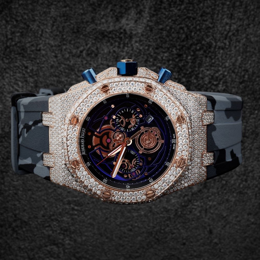 Rubber Strap Iced Out Moissanite Diamond Wrist Watch