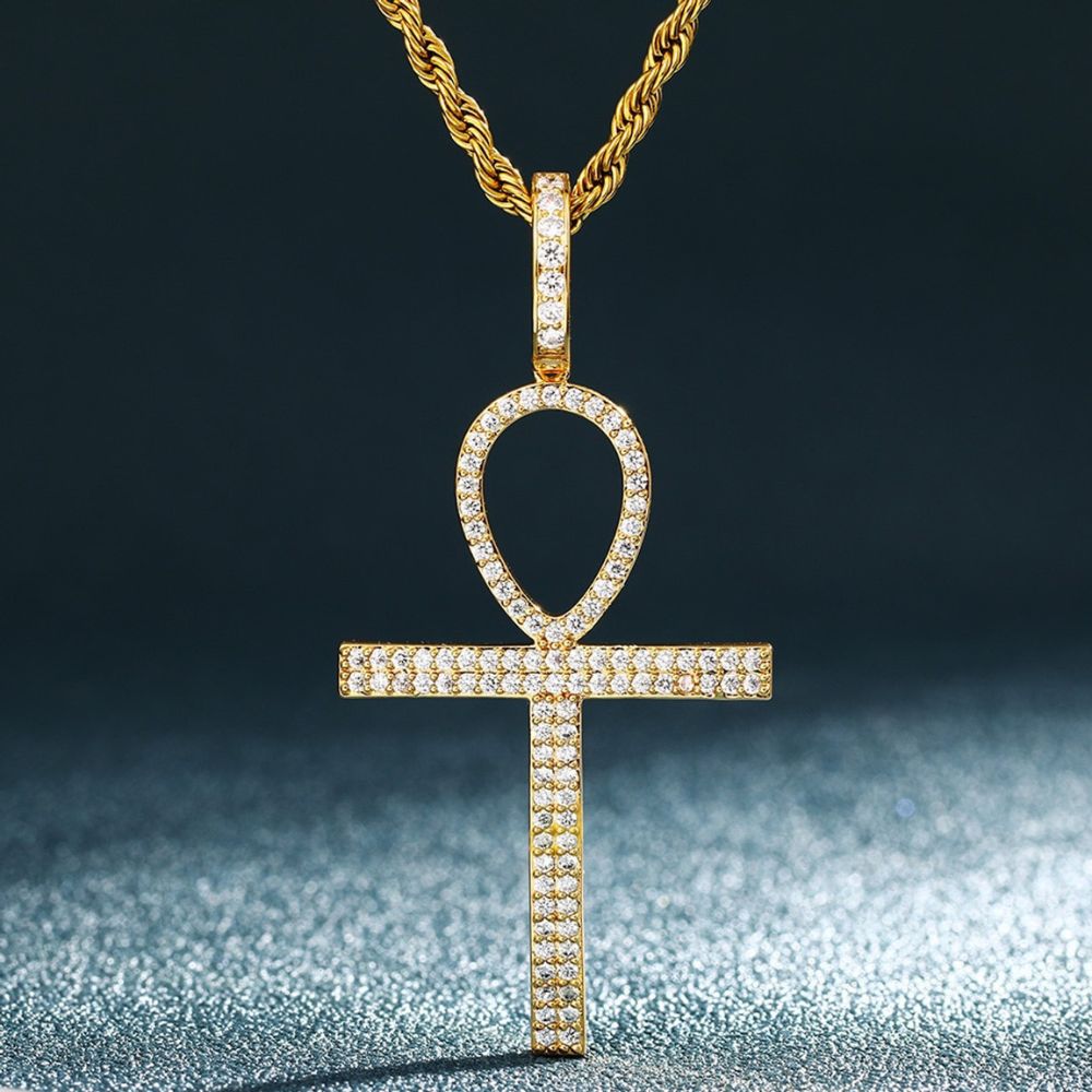 Round Cut Moissanite Ankh Cross Iced Out Pedant For Men's