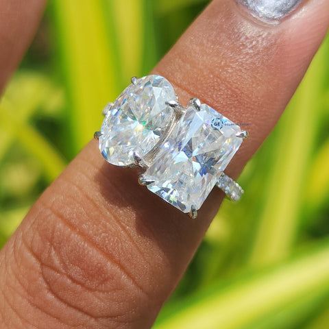 Two Stone Oval & Radiant Cut Hidden Halo Engagement Ring