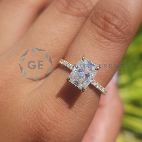 Yellow Gold Radiant Cut Pave Set Ring For Women