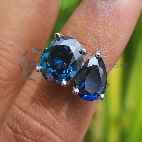 Oval & Pear Cut Blue Stone Lab Diamond Engagement Ring
