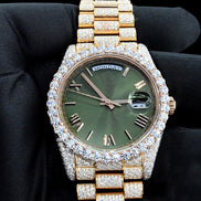 Green Dial Day Date Moissanite Wrist Watch For Men's