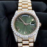 Green Dial Day Date Moissanite Wrist Watch For Men's