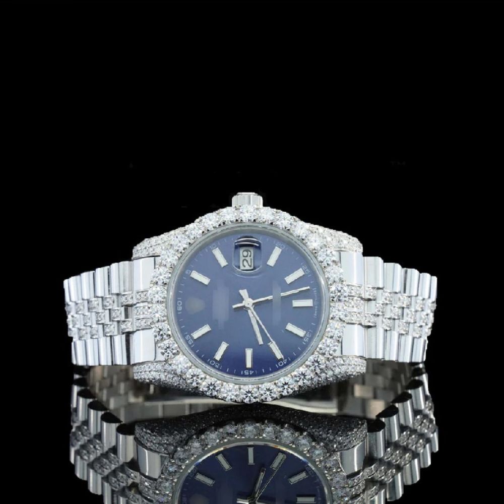 Blue Color Stainless Steel Moissanite Watch Gift For Men's