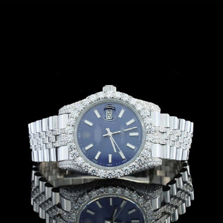 Blue Color Stainless Steel Moissanite Watch Gift For Men's