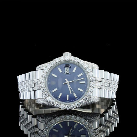 Blue Color Stainless Steel Moissanite Watch Gift For Men's