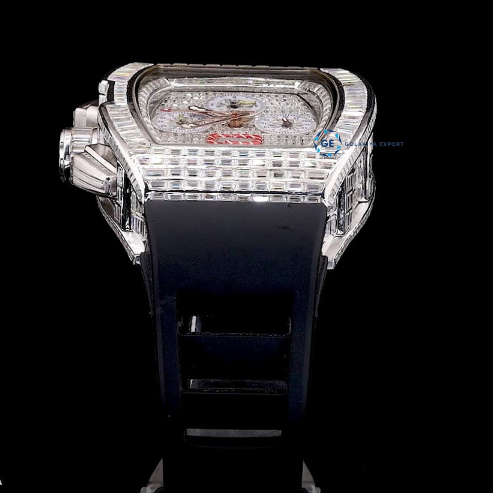Baguette Cut Moissanite Rubber Strap Wrist Watch
