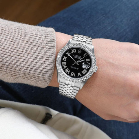 Custom Black Dial With Moissanite Diamond Roman Numerals Watch