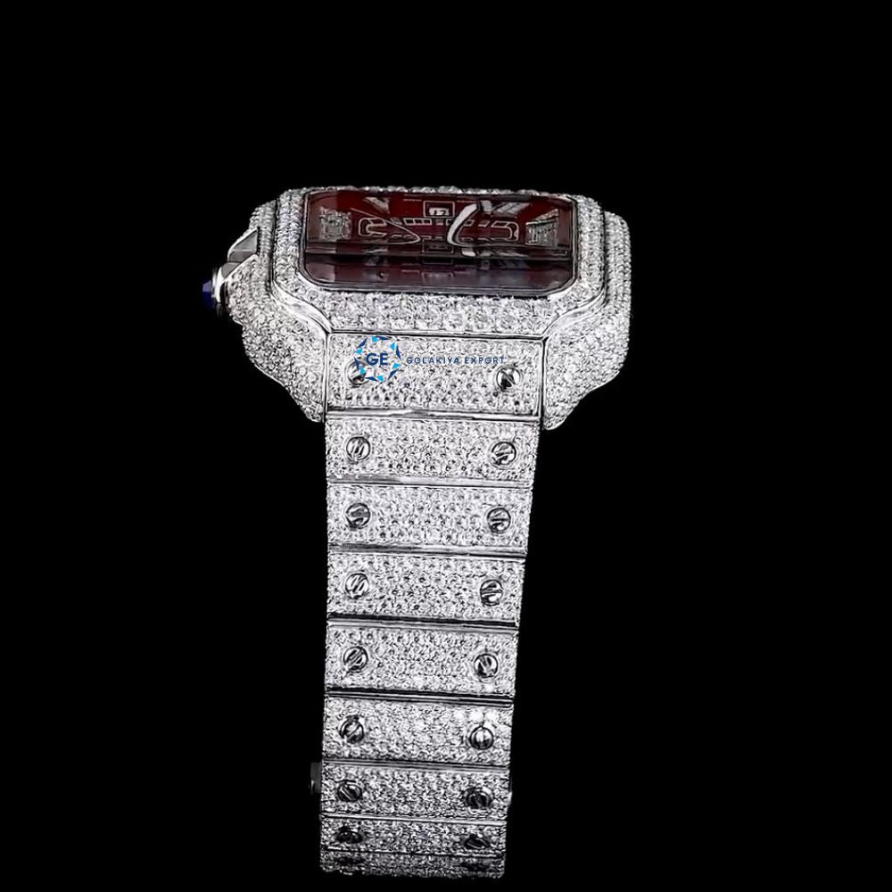 Maroon Roman Dial Automatic Moissanite Wrist Watch