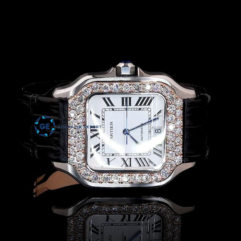 VVS1 Moissanite Black Leather Belt Classic Wrist Watch