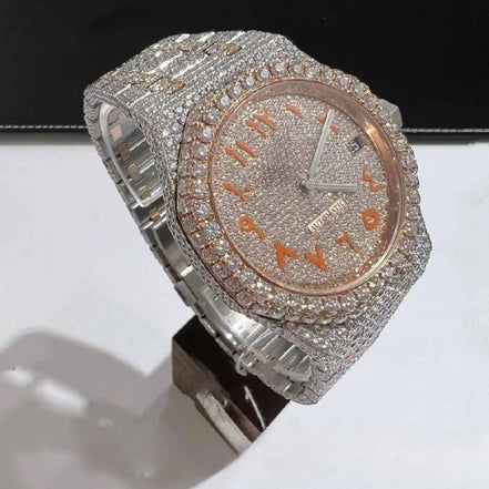 Orange Arabic Numeric Dual Tone Moissanite Watch