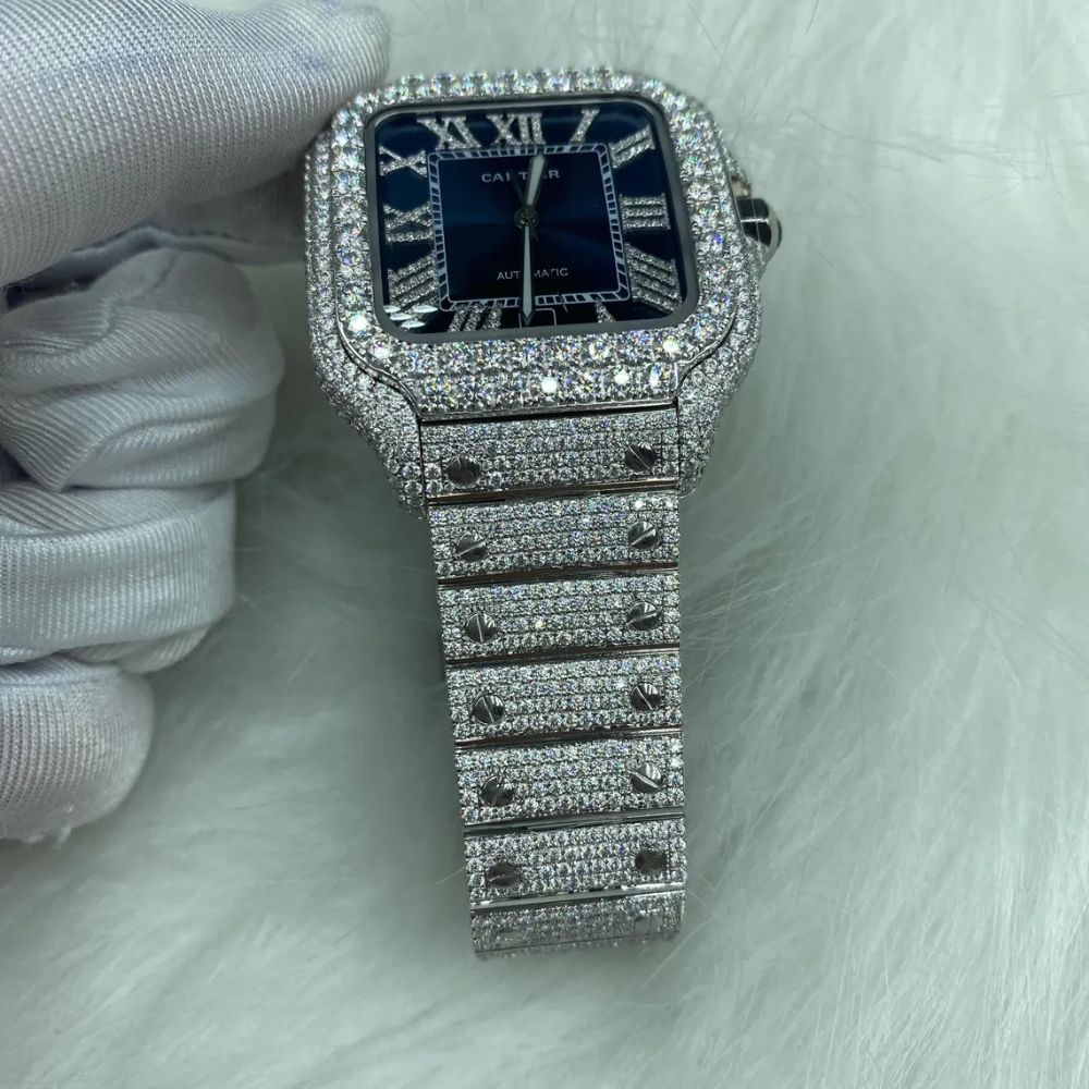 Blue Dial Fully Iced Out Moissanite Watch For Men's