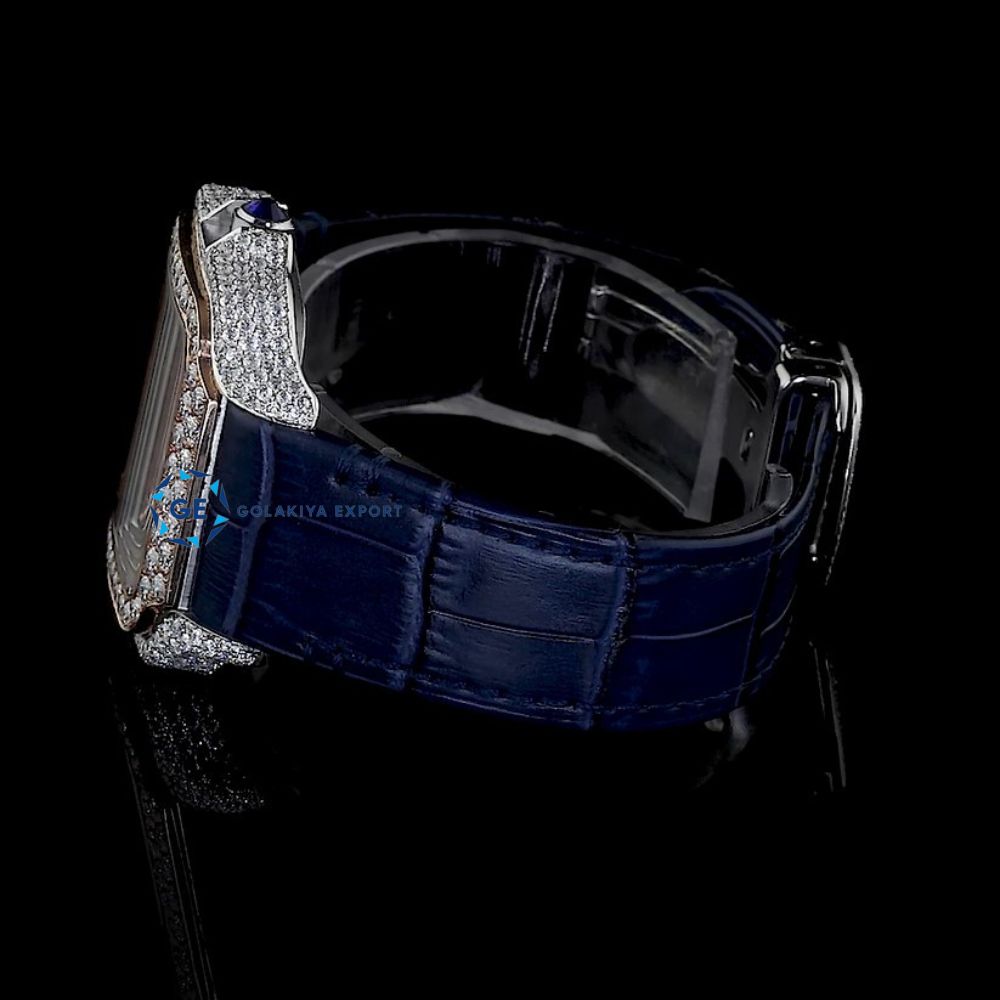 Awesome Blue Leather Belt Diamond Moissanite Watch