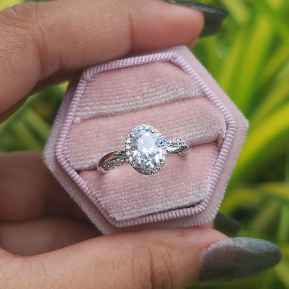 Lab Grown Oval Cut Halo Engagement Ring With Twisted Band