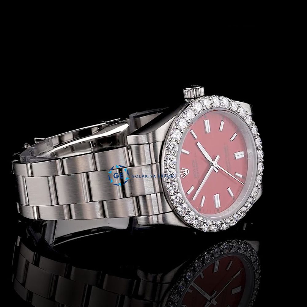 Elegant Red Dial Moissanite Diamond Automatic Watch