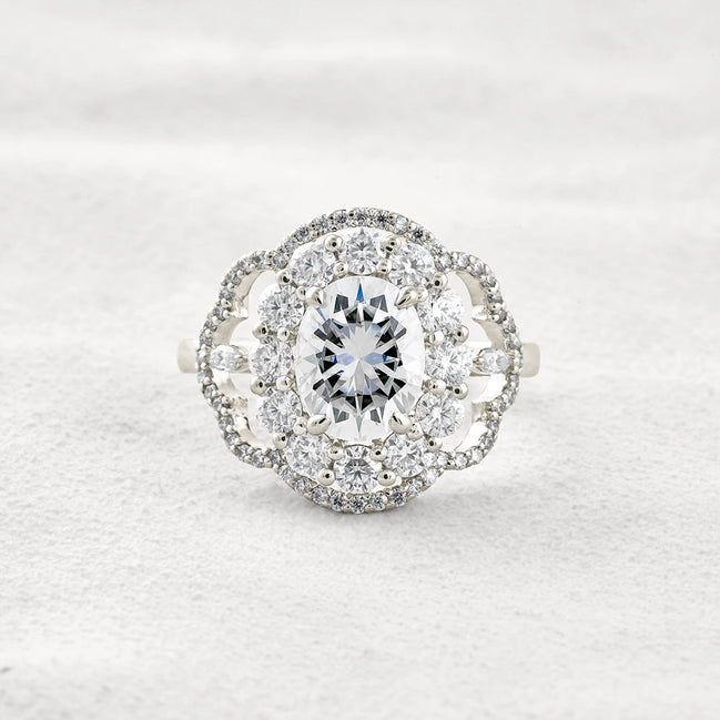 Oval Cut Vintage Halo Moissanite Diamond Engagement Ring