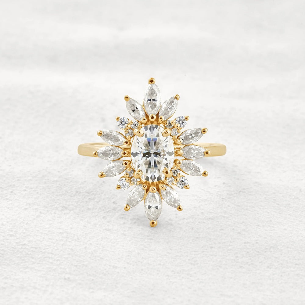 Sun Flower Halo Oval Cut Moissanite Engagement Ring