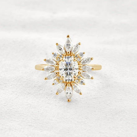 Sun Flower Halo Oval Cut Moissanite Engagement Ring