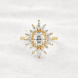 Sun Flower Halo Oval Cut Moissanite Engagement Ring