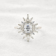 Sun Flower Halo Oval Cut Moissanite Engagement Ring