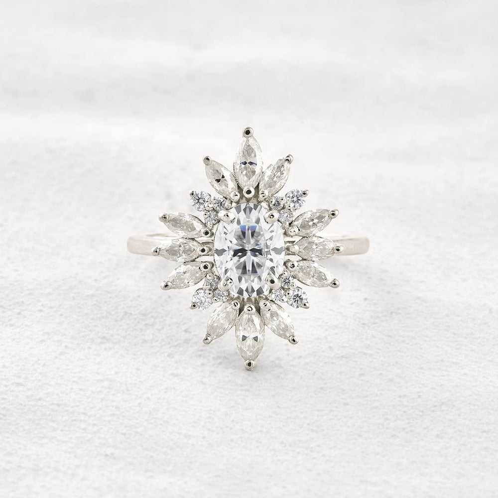 Sun Flower Halo Oval Cut Moissanite Engagement Ring